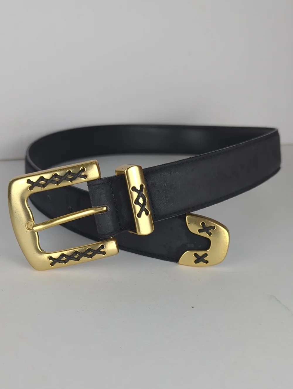 Women's Small Black & Gold Distressed Leather Stitched X Belt